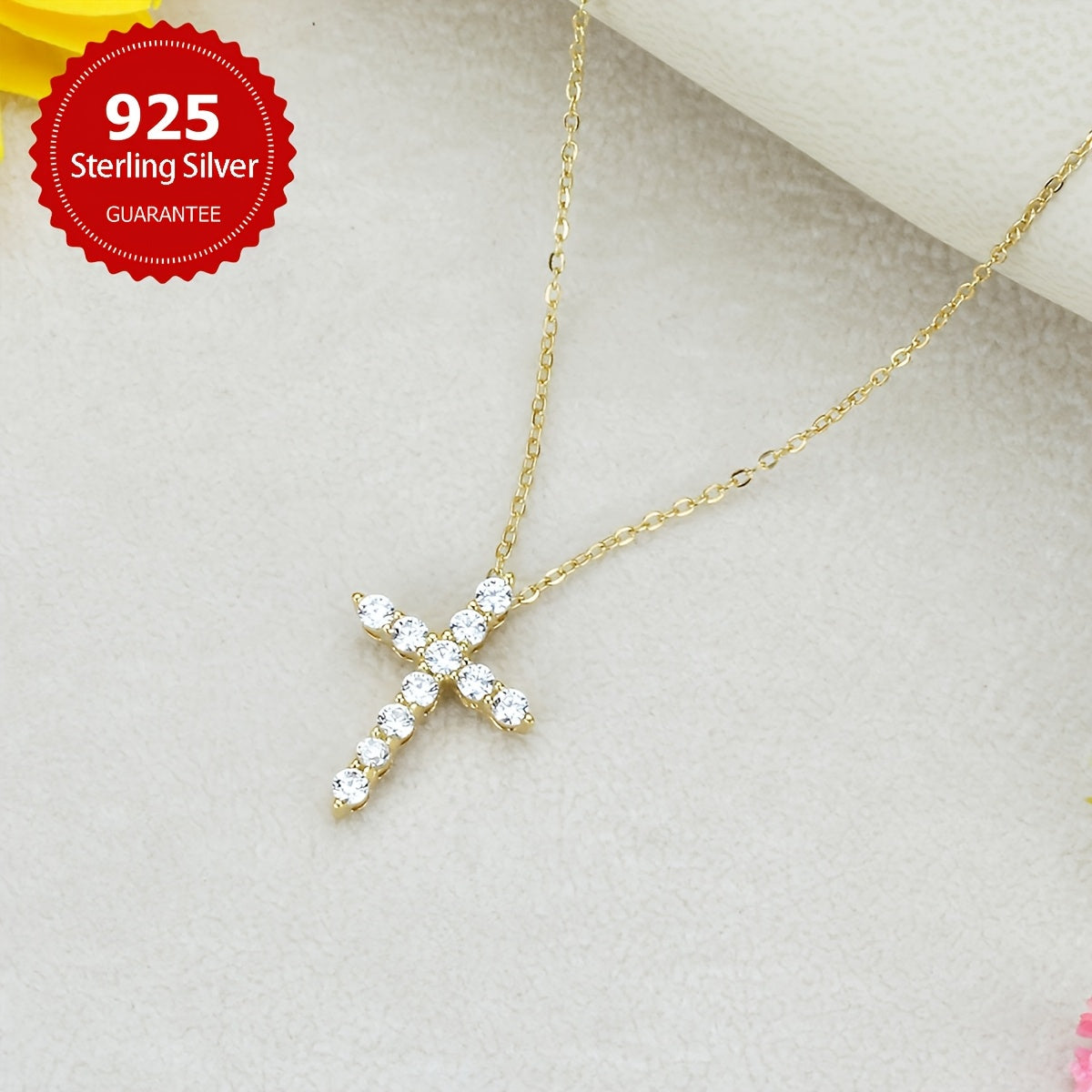 An exquisite Mozambique Diamond Cross Pendant Necklace, featuring a dazzling 1.1 carat diamond and 0.1ct * 11 Mozambique stones. Crafted from high-quality S925 Sterling Silver, this necklace weighs about 1.1 grams, making it a luxurious piece of jewelry