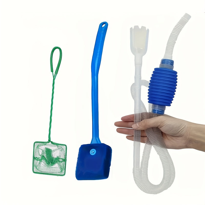 Aquarium Cleaning Kit includes Siphon, Fish Net, and Sponge Brush for maintenance.