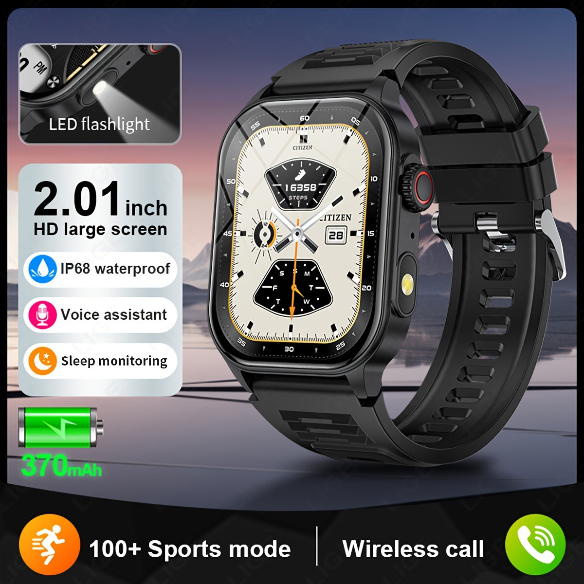 LIGE Smartwatch with 5.2 Wireless, 2.01in Screen, 370mAh Battery, Step Counting, Voice Assistant, Weather Forecast, Reminder, Remote Control, Photo Taking, Light, Sleep Monitoring.