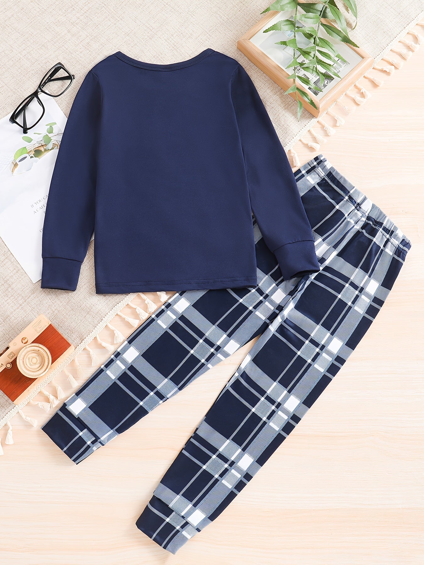 New Boys' Cozy Plaid Pajama Set for Spring/Fall - Long Sleeve Top & Pants, Machine Washable