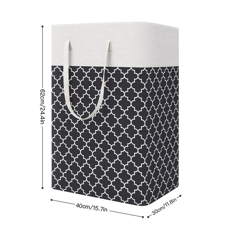 Large collapsible laundry hamper with easy carry handles, perfect for laundry, bedroom, dorm, clothes, towels, and toys. This freestanding clothes hamper comes in a stylish clover black design.