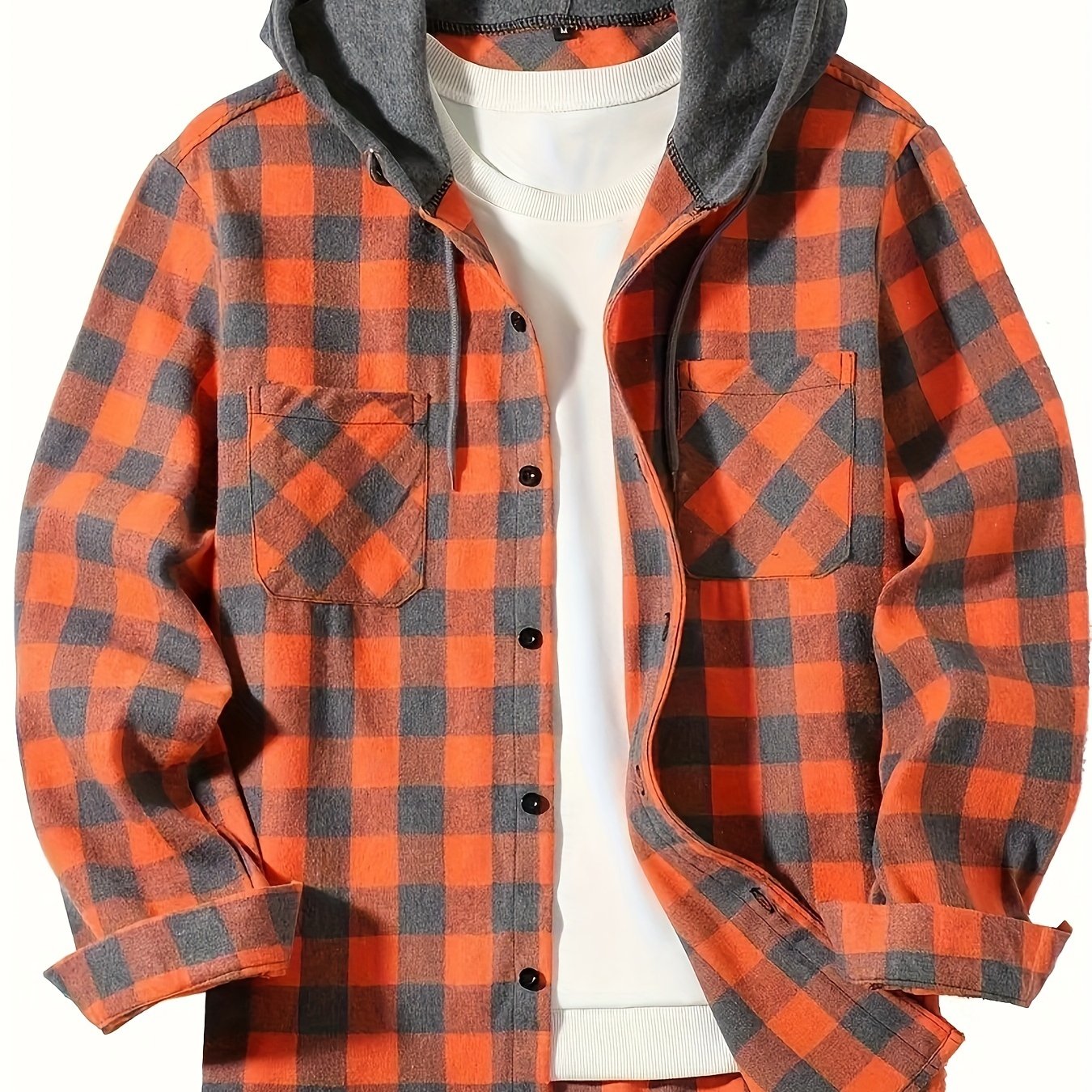 Stylish men's plaid hooded shirt with long sleeves - perfect for casual wear.