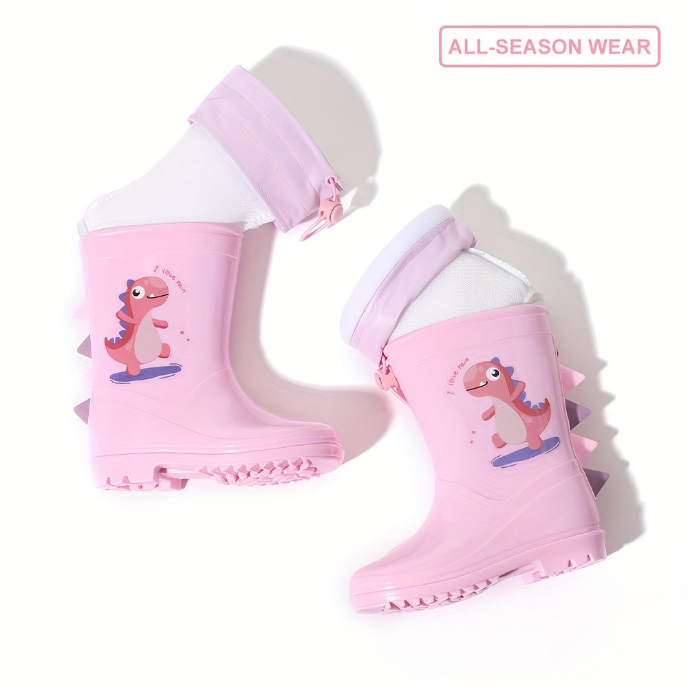 Child's dinosaur rain boots that are thermal detachable, non-slip, waterproof, comfortable, and suitable for all seasons.