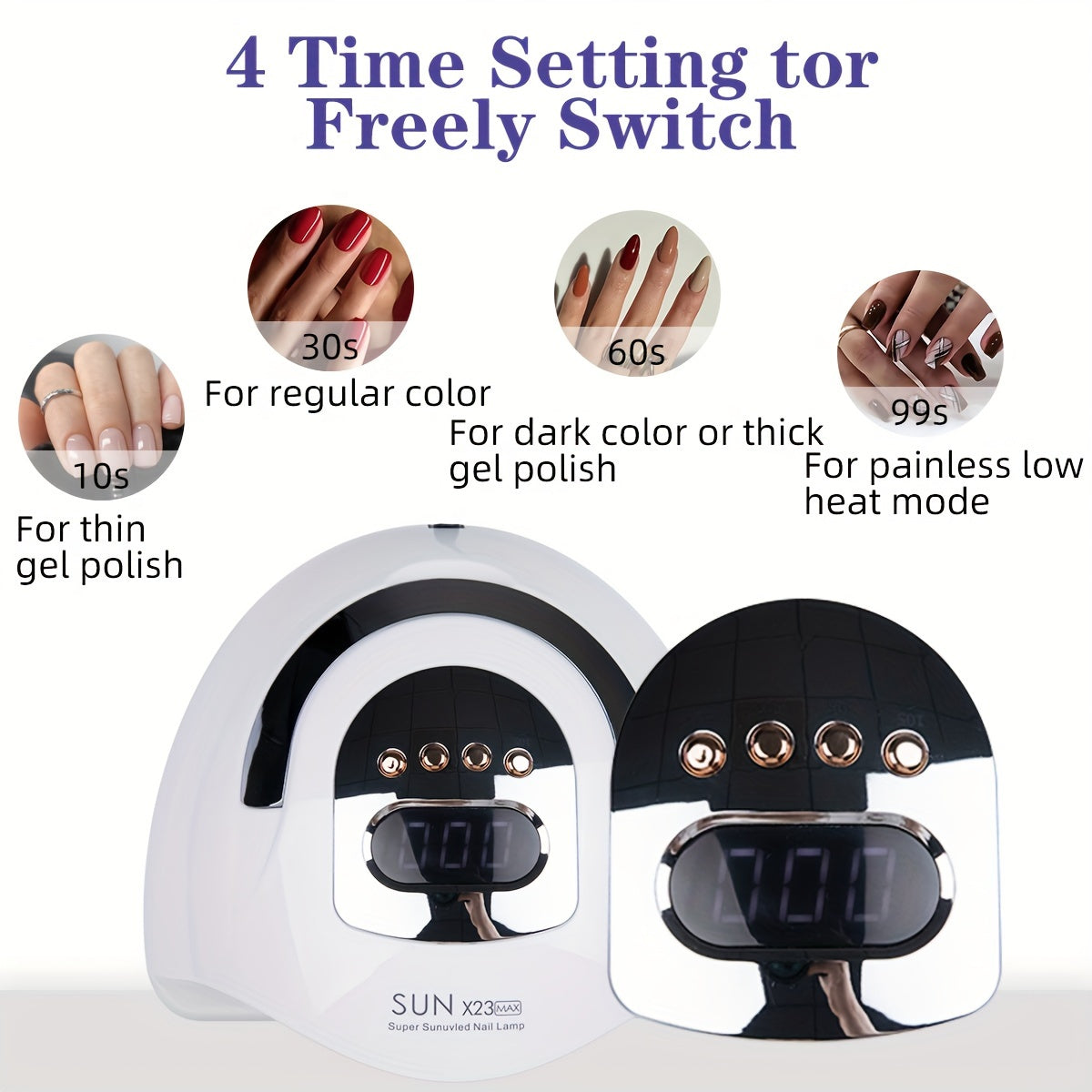 High-power LED nail light machine with 81 beads, automatic sensing function, 4-speed timer, and European plug for salon and home manicures. Perfect for beginners.