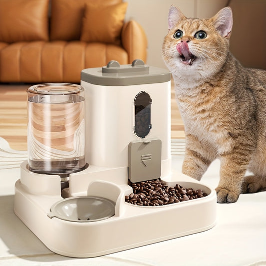 Combined automatic cat feeder and water dispenser for cats, non-electric and neck-friendly option for food and water.