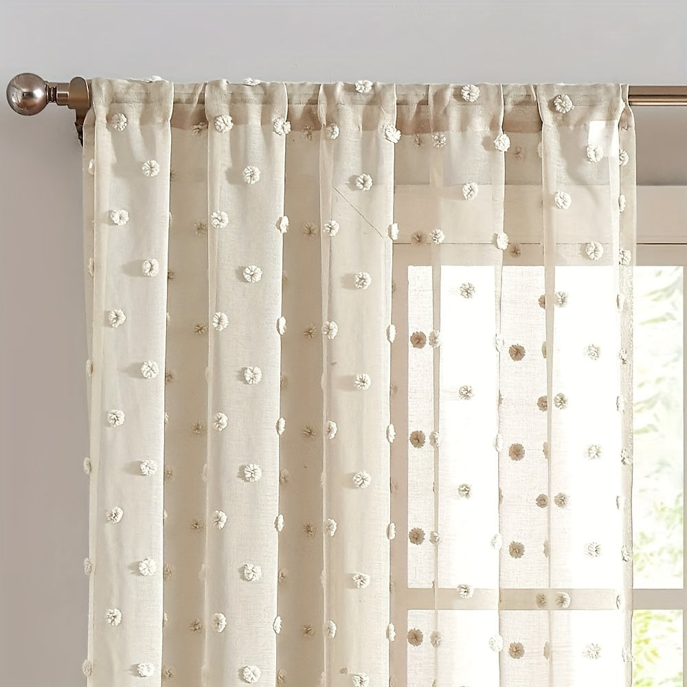 Sheer panel with rod pocket top featuring boho-style polka dot embroidery - crafted from imitation hemp fabric. This machine-washable drapery offers room darkening benefits for a variety of living spaces. With easy hanging and a fresh minimalist design