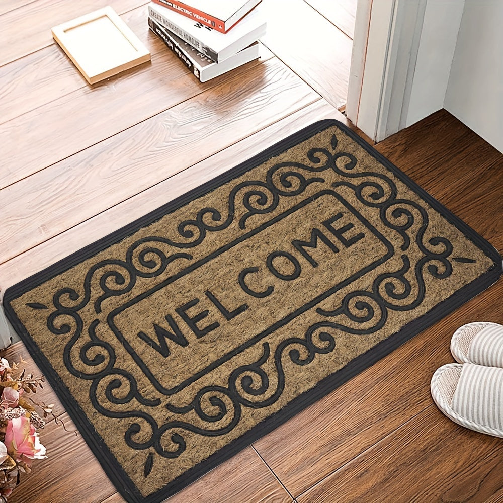 Welcome guests with the 1-piece Welcome Doormat featuring a non-slip PVC backing. This machine washable rectangle flannel textile entrance mat is perfect for both indoor and outdoor use. Use it as home décor or a washable area mat.