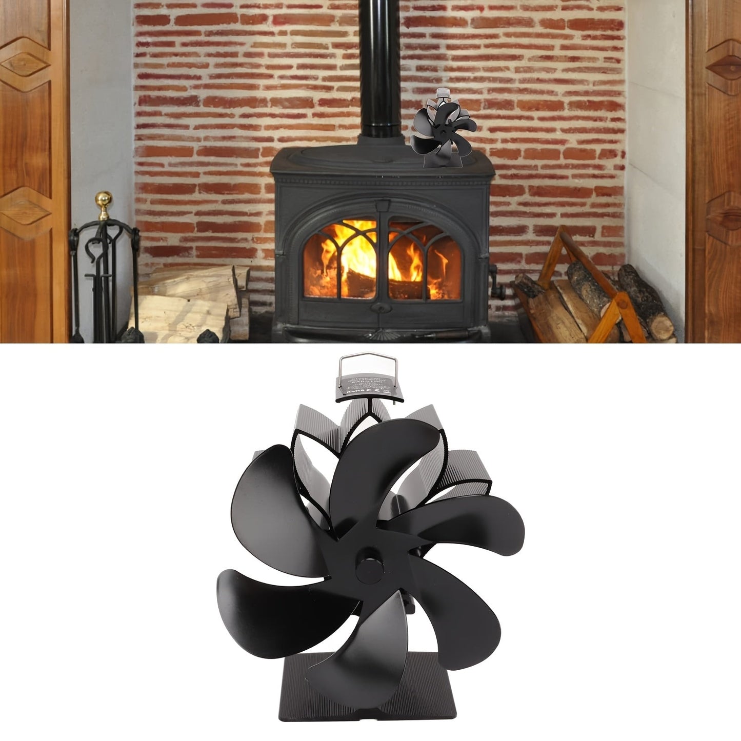 Eco-Friendly Stove Fan in Black with 6 Blades - High heat Resistant, Self-Starting, Heat-Powered for Home Fireplace