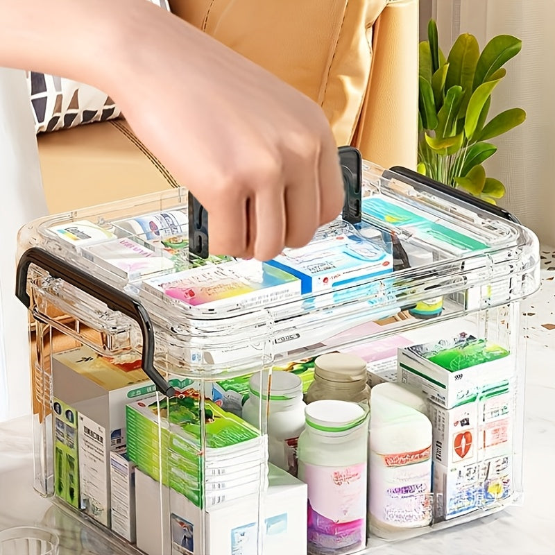 Large double-layer medicine organizer with transparent, waterproof storage for home and travel.