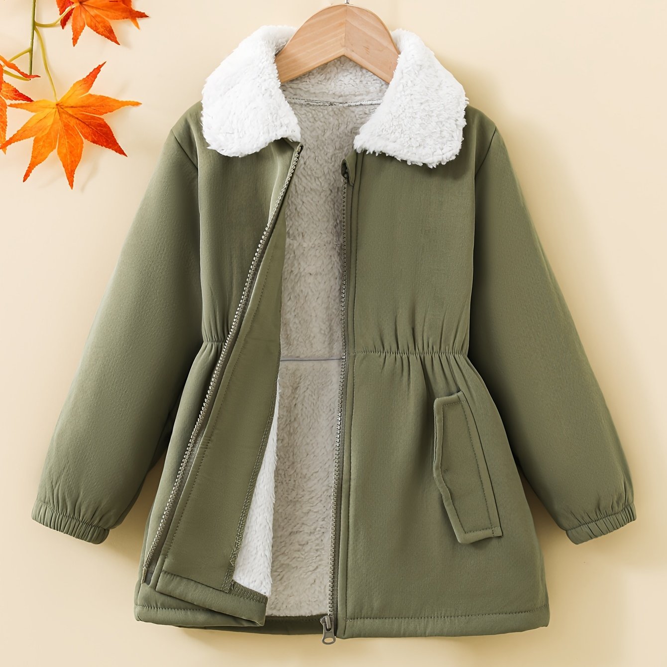 Elegant girls' coat with fleece lining, waist cinching. Machine washable polyester, perfect for fall/winter. Stylish and loose-fit for autumn/winter.