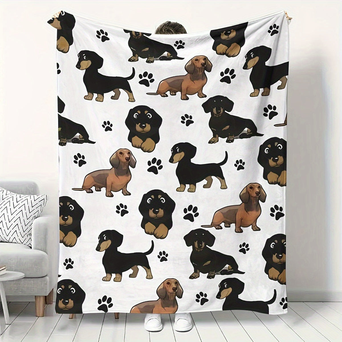 Soft and cozy all-season throw blanket with rustic dachshund dog pattern. Made from machine washable flannel fabric. Features a digital print design on 200-250g polyester material. Can be used for multiple purposes including a cozy nap blanket in your