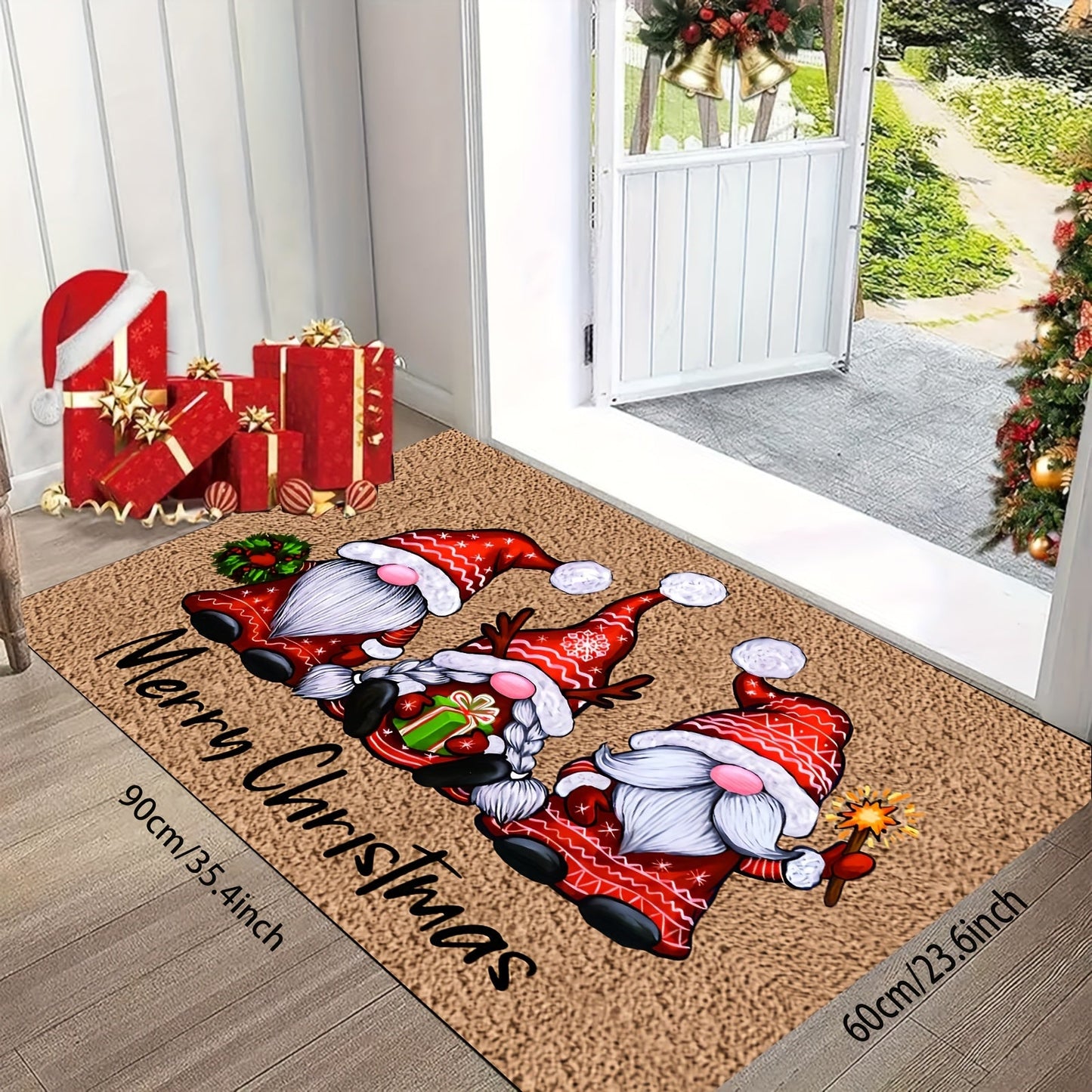 A holiday-inspired velvet rug with a non-slip backing, perfect for use in entryways, bedrooms, kitchens, and bathrooms.