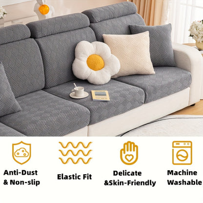 Modern polar fleece jacquard sofa slipcover with elastic band for a fitted look. Machine washable and pet-friendly. Fits sectional, armchair, loveseat, 3-seater, and 4-seater sofas. Includes armrest covers. Great Christmas gift idea.