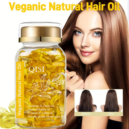 60 capsules of natural hair essence with rosemary, jojoba oil, argan oil, and coconut oil. Vegan formula strengthens and improves the appearance of all hair types.