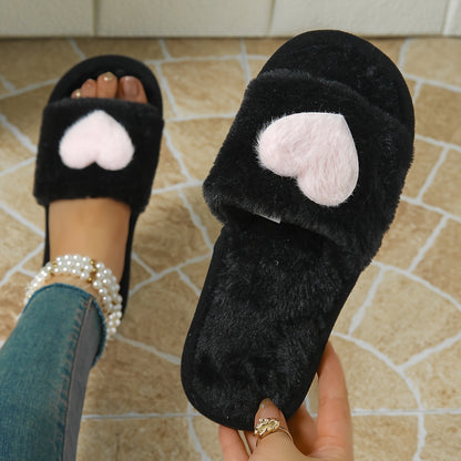 2024 New Women's Plush Fleece-Lined Winter Slippers - Non-Slip EVA Sole, Heart Pattern Indoor House Shoes in Black & Pink, Cozy Soft Fabric, All-Season Comfort. Casual, Relaxed Style