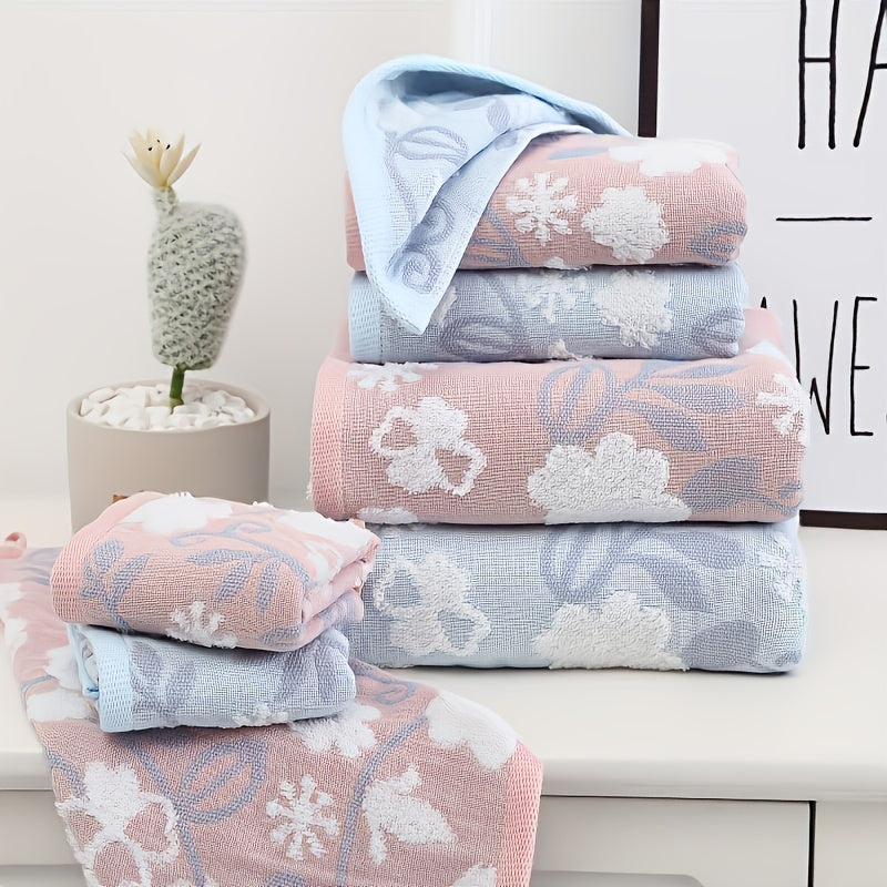 Floral embroidered cotton jacquard towel set includes 3 bath towels, hand towels, and fingertip towel. Soft, super absorbent, and modern design.