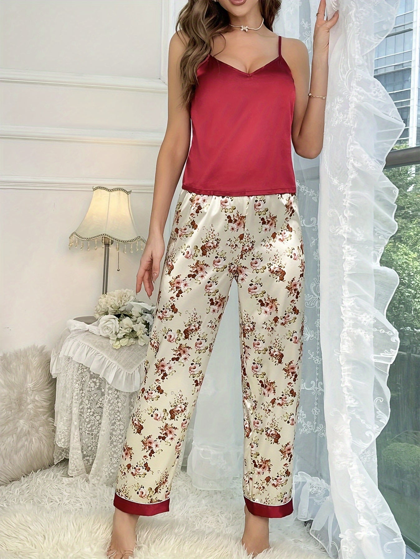 Women's Elegant Floral Pajama Set with V Neck Cami Top and Elastic Pants