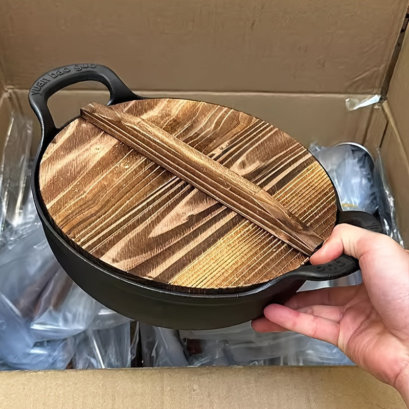 This durable cast iron flat bottom pan comes with a wooden lid and features a non-stick surface, heat-resistant handle making it ideal for soups, stews, and steaming. This multifunctional cookware is perfect for home dining and creating healthy meals.