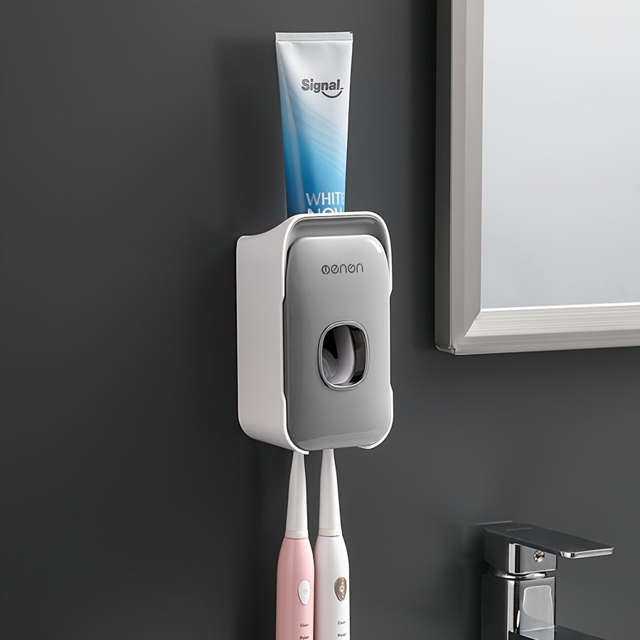 Wall-mounted Toothbrush Holder with Non-punching Installation, Mouthwash Cup, Toothbrush Cup, Bathroom Toothpaste Dispenser, and Tooth Mug Set.