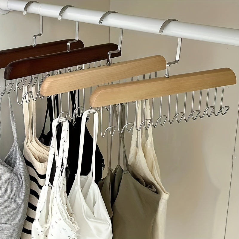 One-piece Storage Rack Holder: 360° Rotating Wooden Clothes Hanger with 8 Hooks, Closet Organizer for Bras, Tank Tops, Underwear, Scarves, Hats, and Ties - Space-Saving Solution