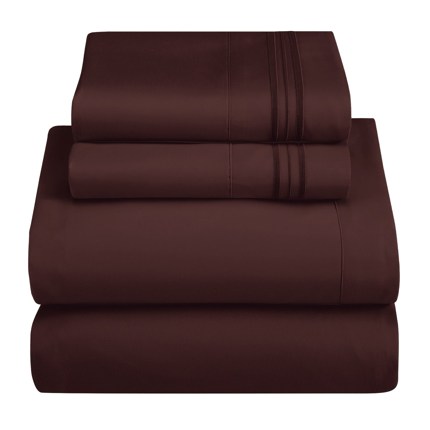 Luxurious embroidered bedding set in deep brown, includes flat sheet, fitted sheet, and 2 pillowcases. Made from soft and breathable 100% polyester with an all-season comfort. Features a knit fabric and is machine washable. Each set contains 4 pieces