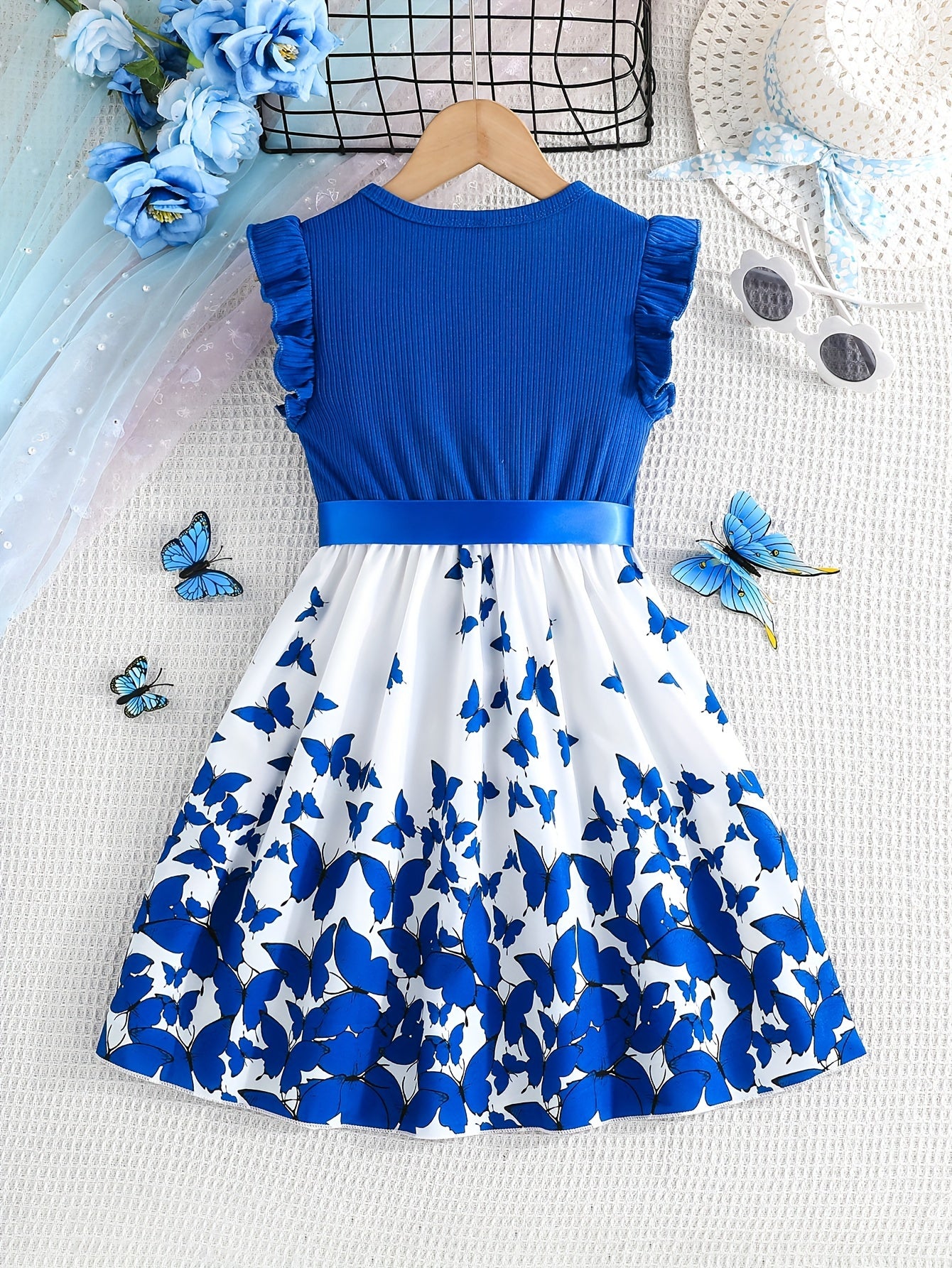 Two-piece set with butterfly print patchwork dress and belt for summer girls, featuring ribbed seamless wood ear cuff sleeves.