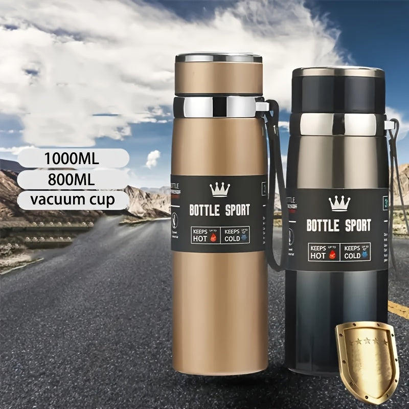 Stainless steel 1000ml vacuum insulated water bottle with portable strap, BPA-free, keeps hot/cold for sports and outdoor activities, hand wash only.