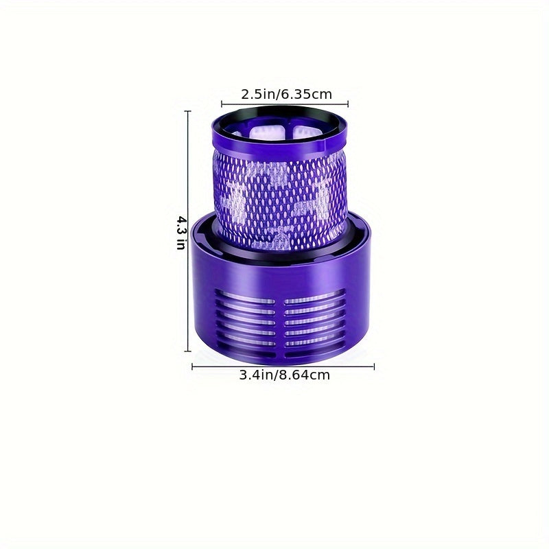 Three pieces of high-efficiency purple mesh V10 filters designed for use with Dyson Cyclone, Absolute, Animal, Total Clean, Motorhead, and SV12 Series. These filters are made from durable plastic and are identified by part number 969082-01.