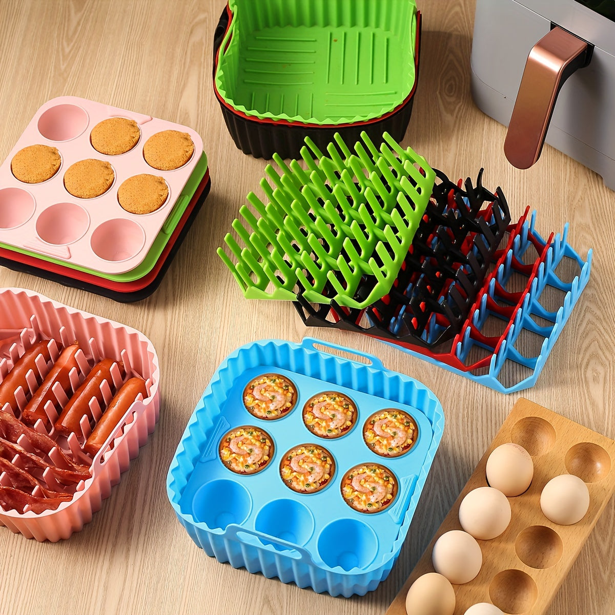 Premium Square Air Fryer Silicone Set includes a bacon & hot dog rack, 9-cavity cake mold, and air fryer pan. This BPA-free and dishwasher safe set is compatible with 7QT+ air fryers.