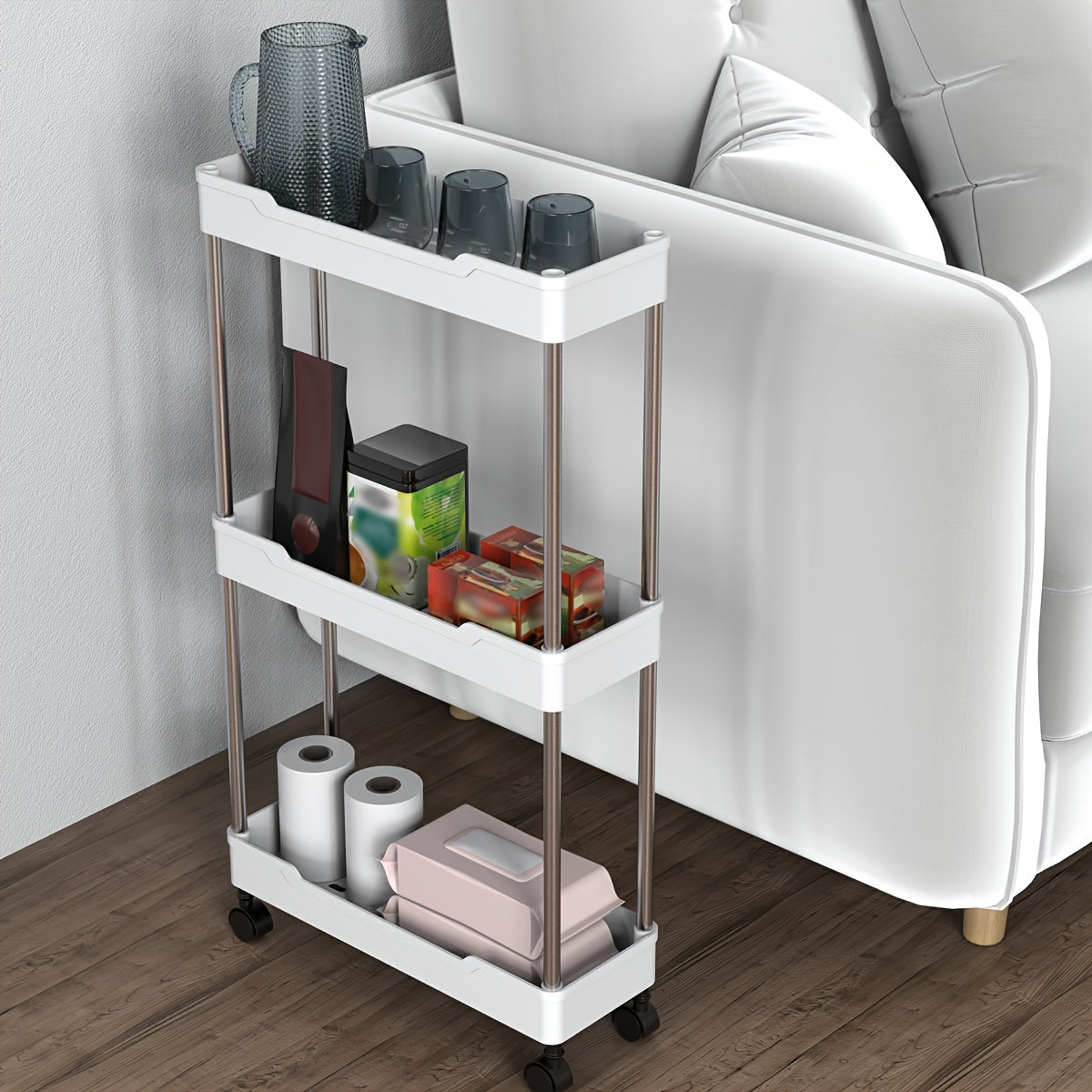 3/4-Tier Slim Rolling Storage Cart with Easy-Glide Wheels - Ideal for Kitchen, Bathroom, and Laundry Room - Versatile Mobile Tower Shelf.