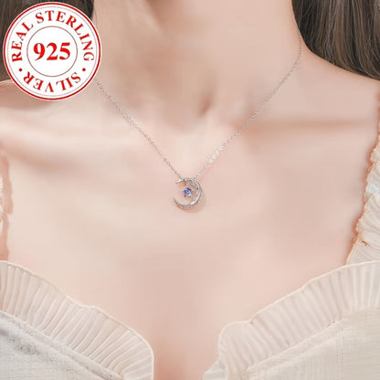 Luxurious 925 Sterling Silver Moon Pendant Necklace with Synthetic Blue Zirconia, June Birthstone - Perfect Gift for Women for Daily & Special Occasions.