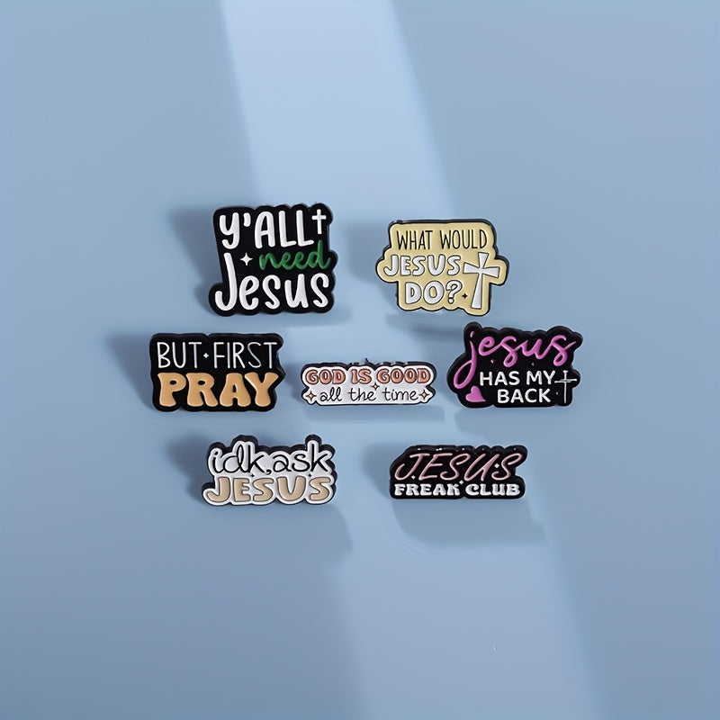 A set of 7 retro and cute enamel pins with inspirational English letter slogans. Perfect for adding a touch of geometric fashion to your clothing.