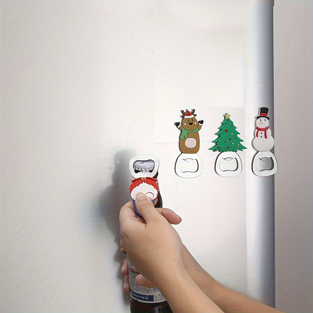 Christmas tree magnetic bottle opener with cute cartoon design, stainless steel for opening beer and soda caps, doubles as a fridge magnet for holiday kitchen decor.