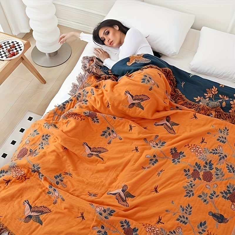 This versatile multi-layer gauze blanket can be used as a lunch cover, sofa towel, bed sheet, air conditioner blanket, summer quilt, or towel quilt. It is double-sided and skin-friendly, machine washable, reusable, and resistant to deformation, balling