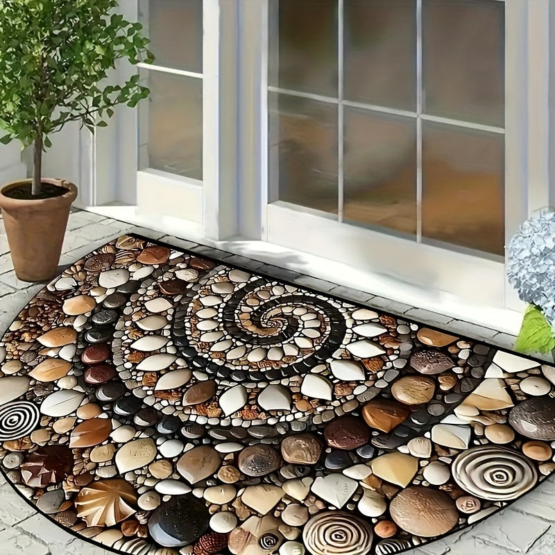 Colorful pebble welcome mat with spiral stone design in brown, beige, white, and black. Made of velvet with non-slip rubber backing. Ideal for front door, bedroom, kitchen, and bathroom