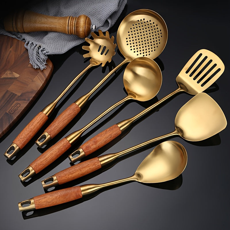 Luxurious Set of 6 Golden Stainless Steel Kitchen Utensils - Features Spatula, Ladle, Slotted Turner & More - Great for Cooking, Baking & Serving - Perfect Holiday Gift Idea