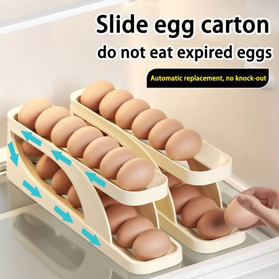 Refrigerator Rolling Egg Tray Holder with Slide Design, Kitchen Organizer for Easy Egg Storage. Automatic Rolling Egg Cooker for Convenient Cooking. Anti-Fall Egg Storage Box for Kitchen Table. Essential Kitchen Supplies.