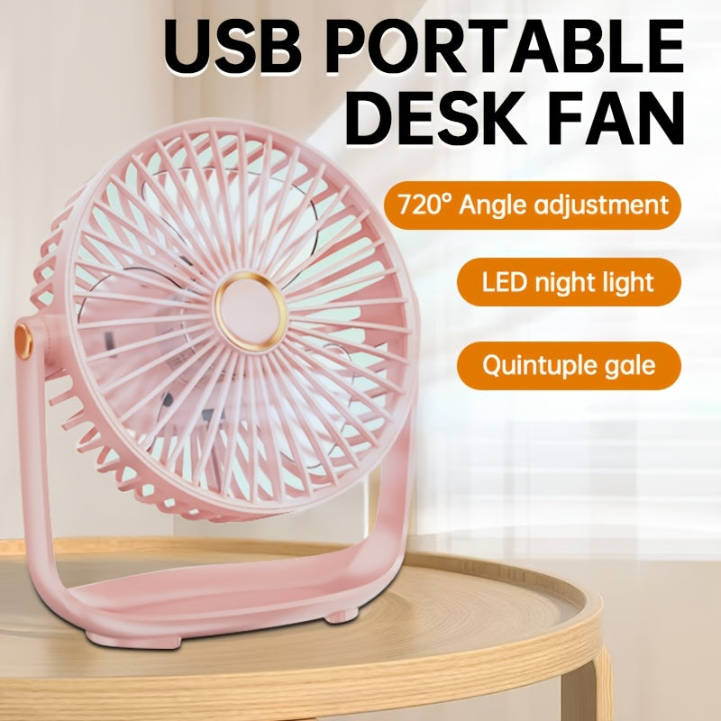 Mini desktop fan with night light, USB rechargeable and 5-speed settings. Perfect for home, office, bedroom, dorm, and more. Great for indoor and outdoor use. Makes a practical gift for summer, school, birthdays, Christmas, fishing, camping, and travel.