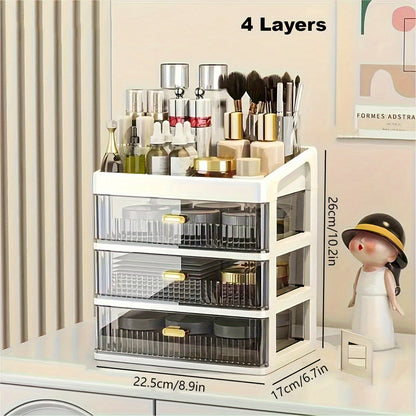 Large makeup organizer with drawer for vanity, dresser, bathroom, and countertop storing cosmetics, perfume, skincare, and toiletries.