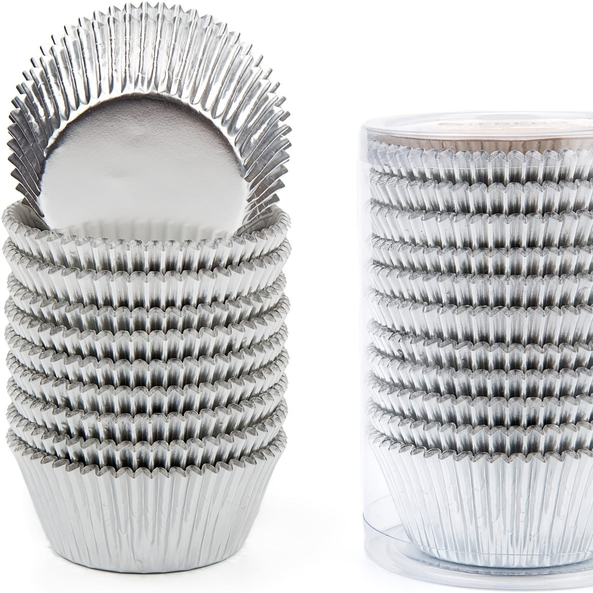 100 pieces of silvery foil metallic cupcake case liners for baking muffins in paper cups.