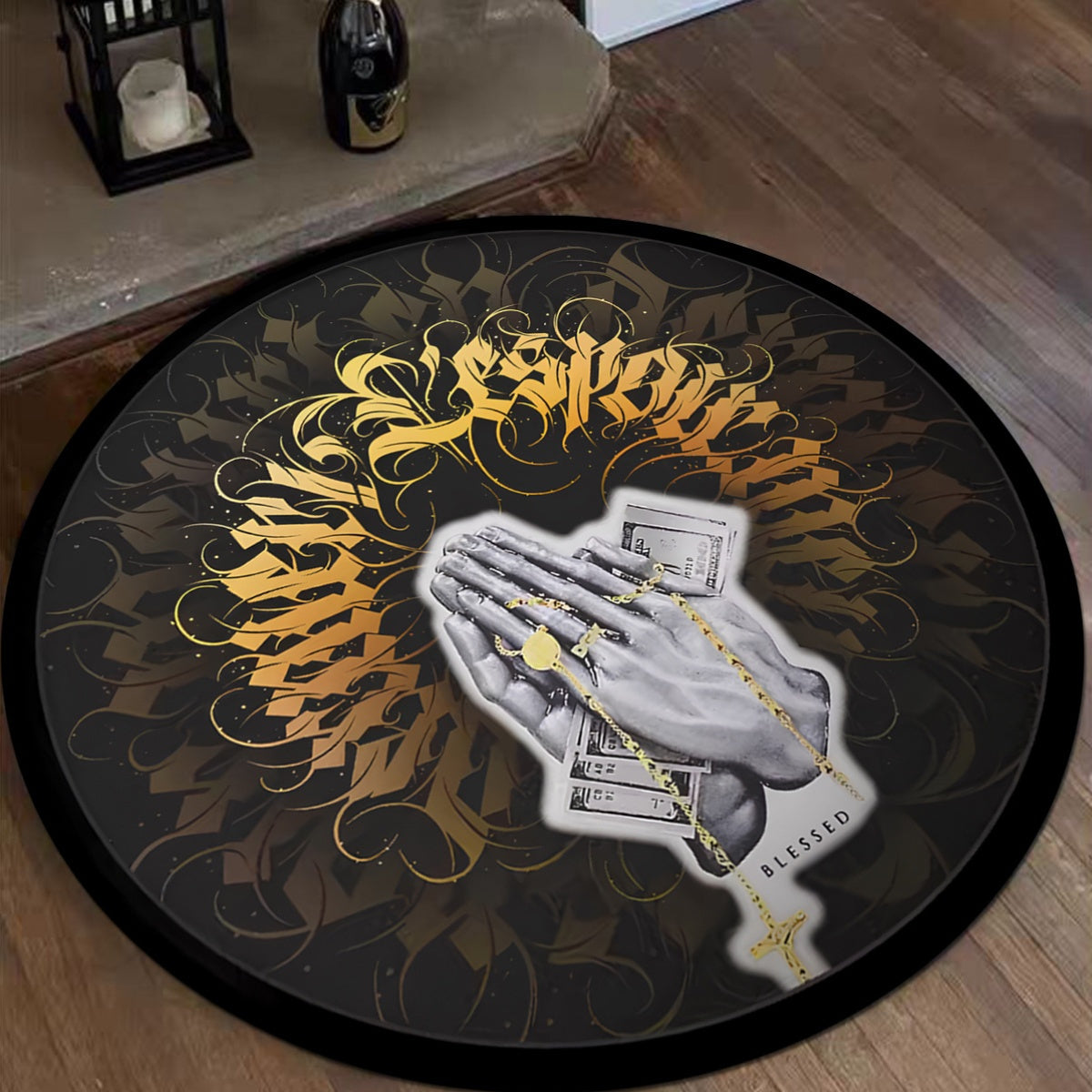 Round rug pad with golden gothic font, made of hand-washable polyester prayer hands, featuring a 6mm thick velvet crystal rug for home decor. This non-slip entryway doormat is perfect for adding a touch of elegance to any space.