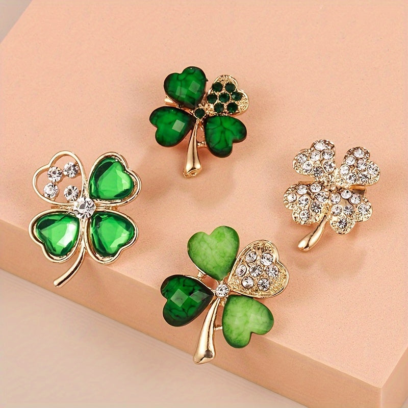 Set of 4 alloy clover brooch pins with synthetic rhinestone mosaic in a simple, cute style. Perfect fashion accessory for clothing, daily wear, and gift occasions throughout all seasons.