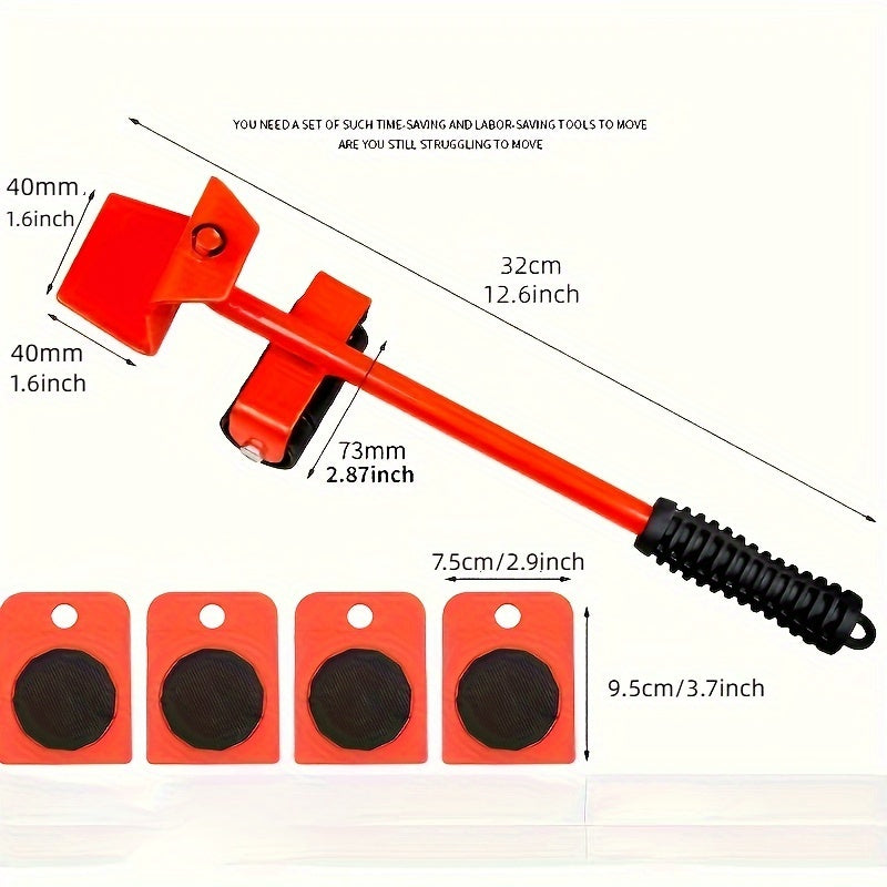 5-piece furniture lifter and slides kit with 360 degree rotatable pads for easily redesigning and rearranging living space. Made of plastic and carbon steel.