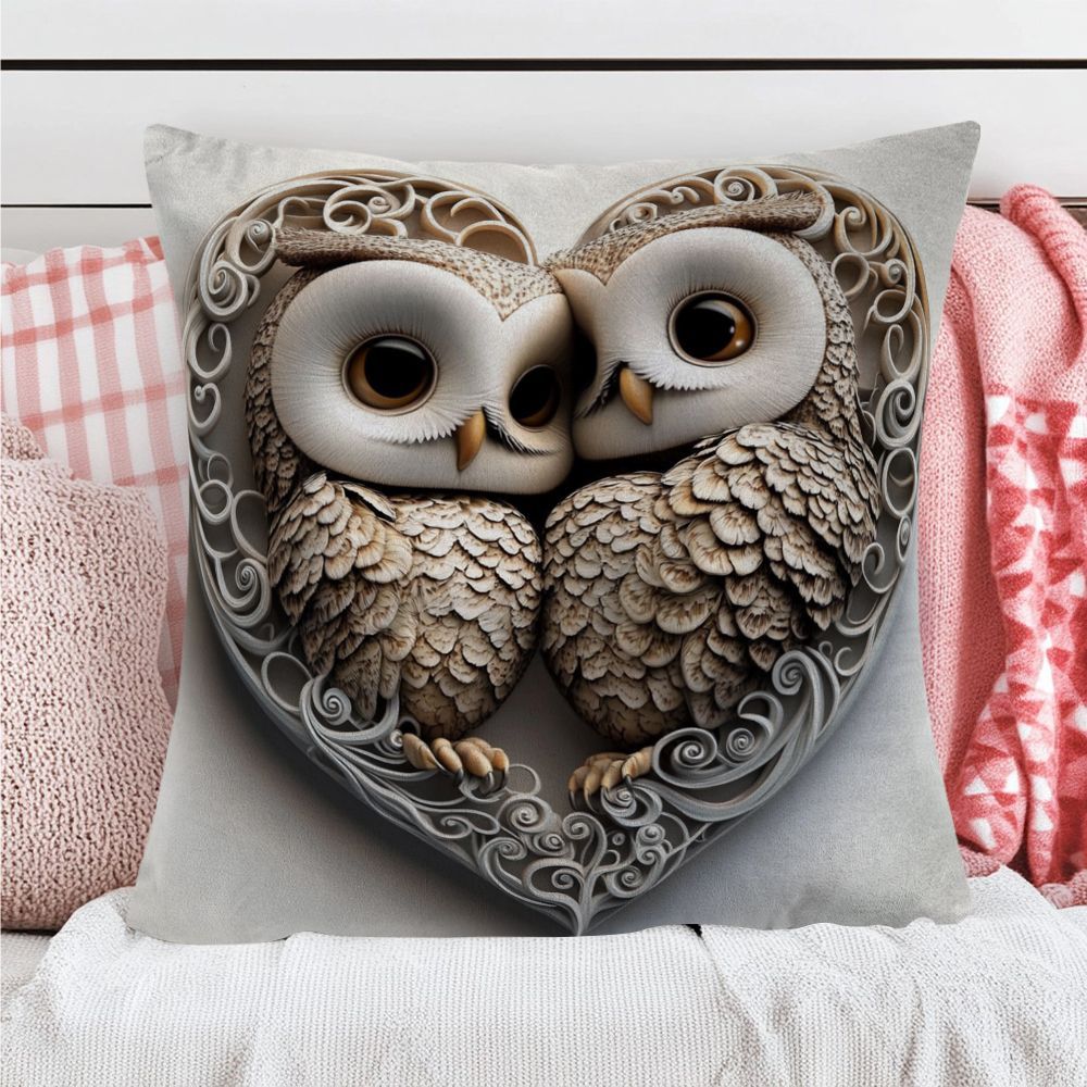 Adorable Owl Valentine's Day Pillow Cover - 45.72x45.72cm, Made of Sturdy Polyester, Easy Zip Closure, Machine Washable - Ideal for Decorating Indoors and Outdoors