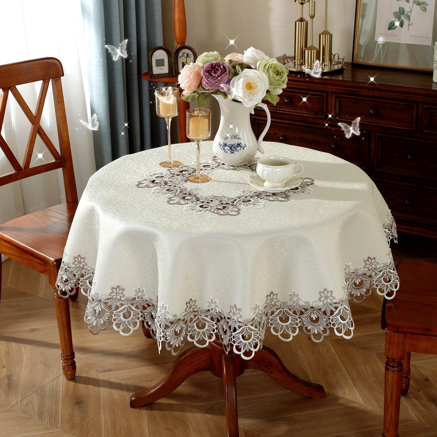 Polyester round tablecloth with lace border, ideal for various occasions in multiple sizes.