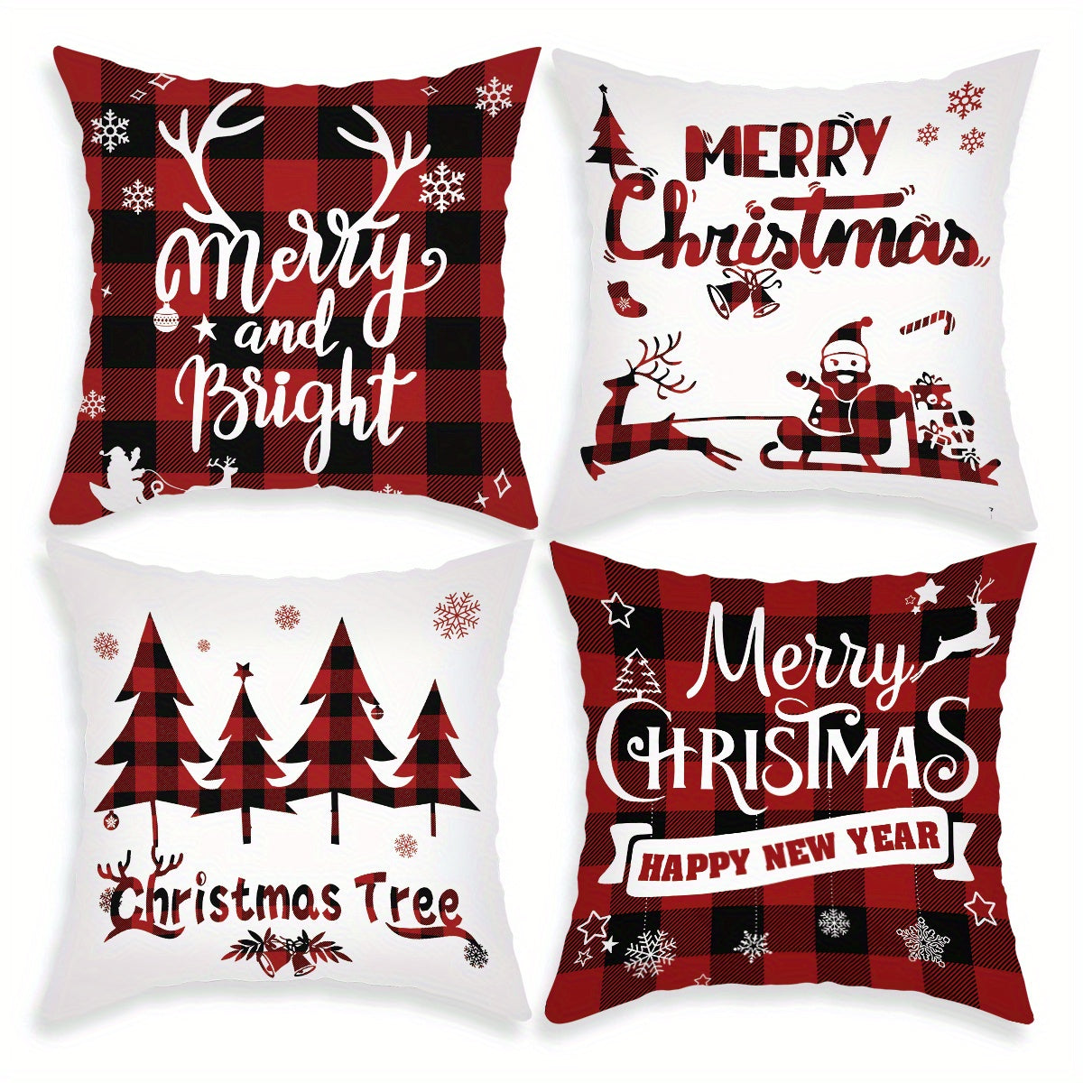 Set of 4 Christmas-themed pillowcases with various designs, 45.72cm X 45.72cm.