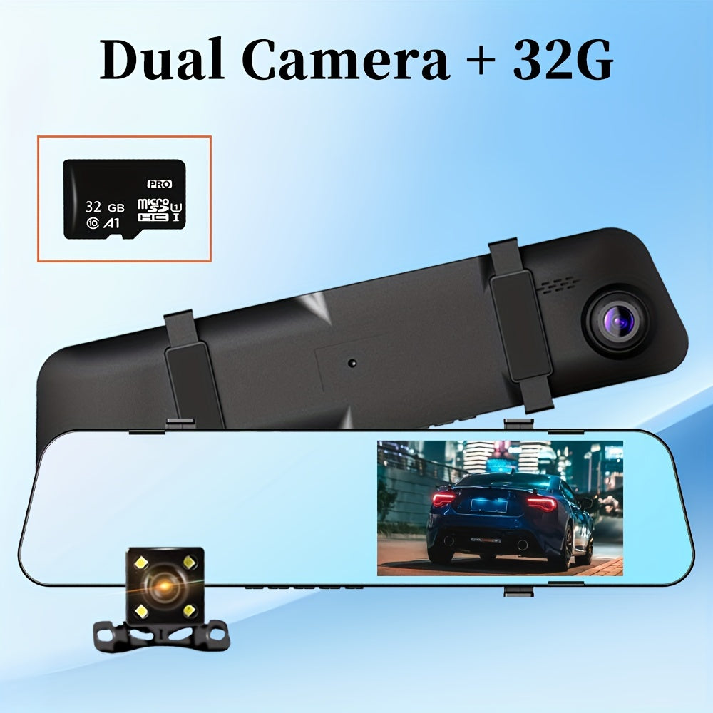 5-inch screen dash camera for cars with front and back recording, loop recording, and wireless capabilities. Mirror dash cam with DVR.