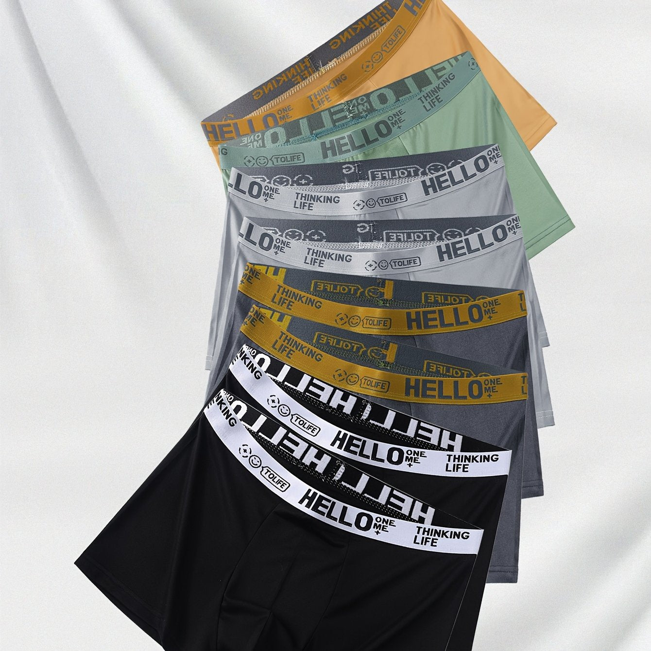 Men's boxer briefs with random 'Hello' print available in sets of 1, 4, 6, or 10. Fashionable, breathable, and comfortable with high stretch and quick-drying capabilities for sports.