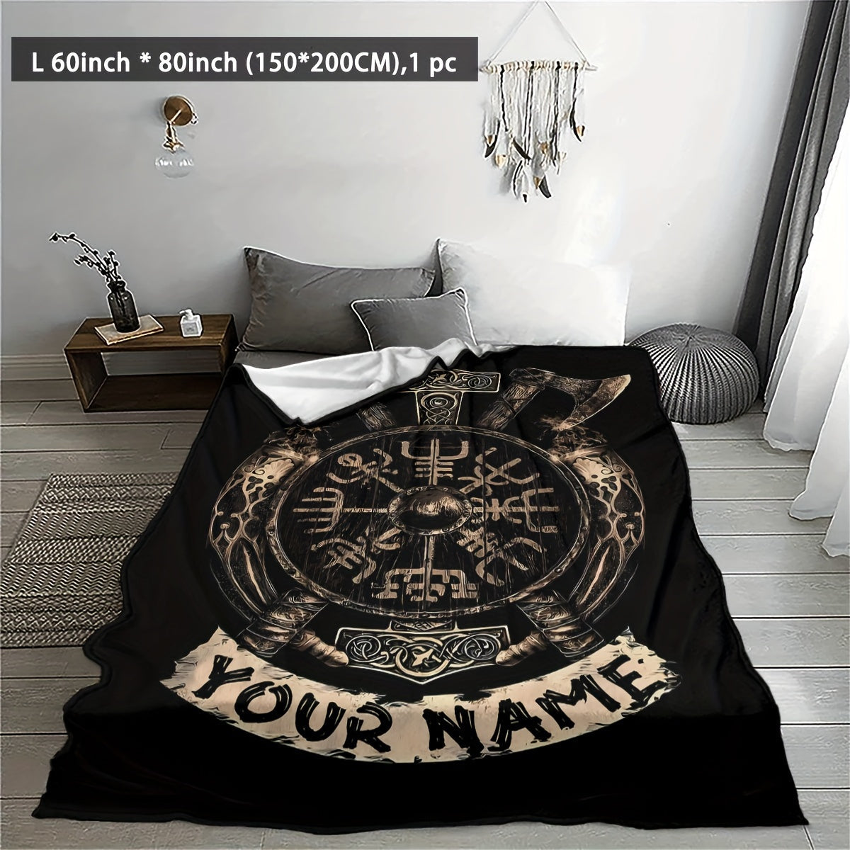 Personalized Viking Totem Print Flannel Blanket - Made of 100% Polyester, Featuring Geometric Pattern, Suitable for All Seasons, Crafted in Mission-and-Shaker Style with Fantasy Theme, Handknitted with 200-250gsm Weight, Perfect as a Gift Blanket for