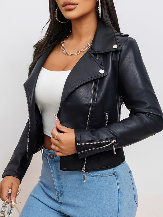 2024 Women's Fashion Faux Leather Biker Jacket, Slim Fit, Solid Color, Zipper Front, Long Sleeve, Spring/Autumn, Pockets, Commuter Style